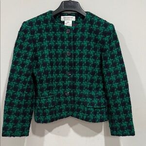 Vintage Jones New York Women's Green and Black Checkered Blazer Petite 6
